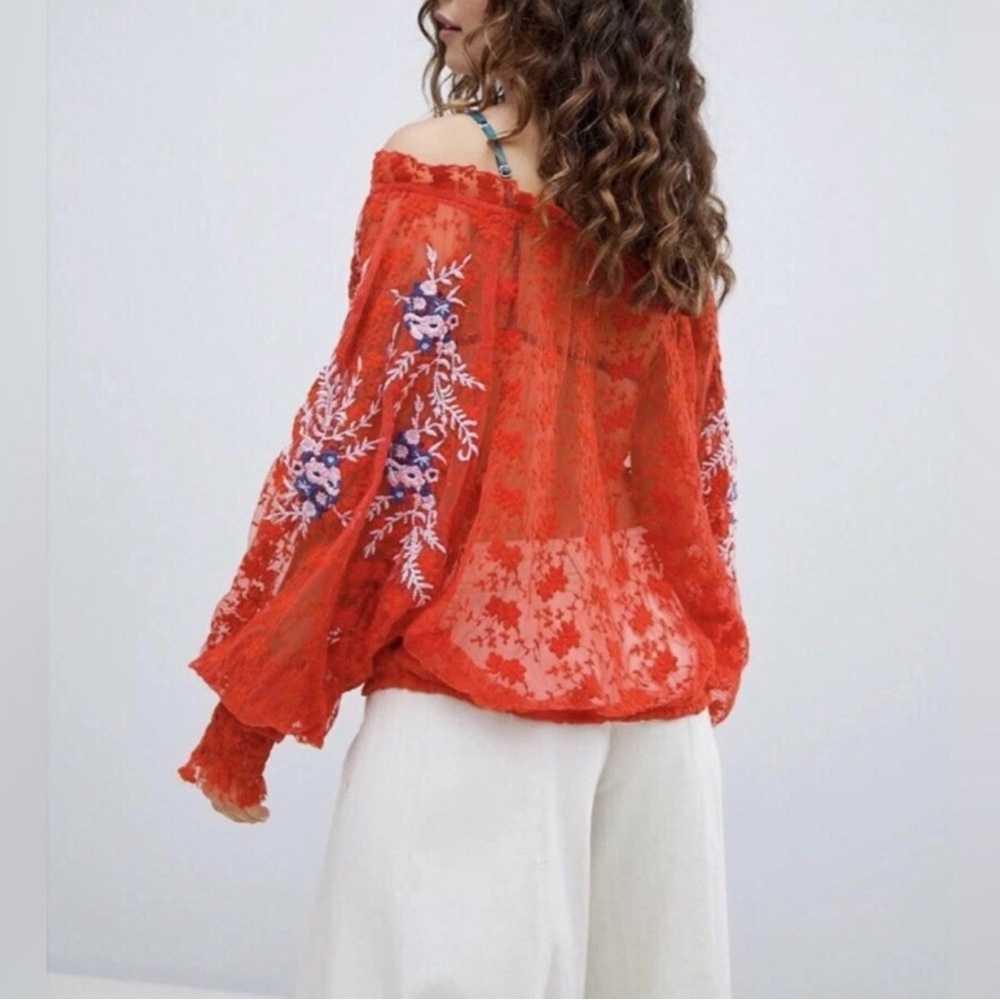 Free People Top Jubilee Floral Embroidered Blouse NWT Red - Picture 3 of 10